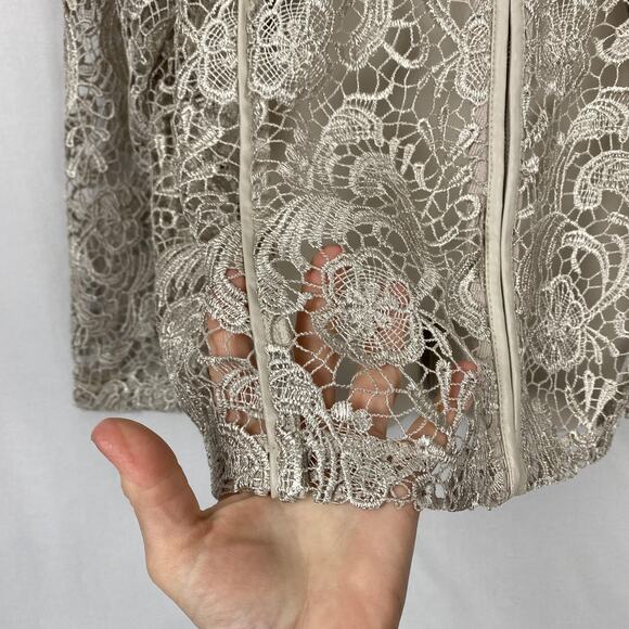 Chicos Open Lace Jacket Cardigan Size 3 Beige Tan Sheer Crochet Lace Dressy XL - Picture 5 of 13
